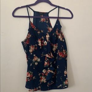 Navy blue flower ruffle tank top, racer back